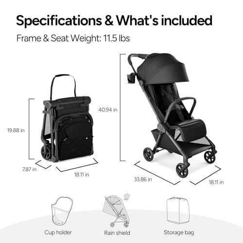 Mompush Nexis Carbon Travel Stroller  Ultra Lightweight 11 5 lbs  Compact & Airplane Carry On Approved  One Second Auto Fold  One Hand Full Recline  from Birth to 50 lbs  JPMA Certified