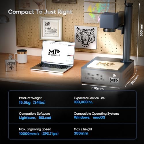 Monport 30W Fiber Laser Engraver Rotary Axis  LightBurn Compatible Fiber Laser Marking Machine with 5 9x5 9 Workbed Red Dot Pointer 100000 Hour Lifespan  Metal Etching Machine for Metal Marking
