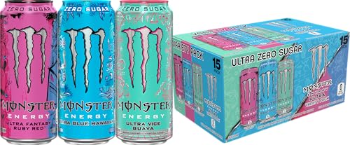 Monster Energy Ultra Variety Pack  Blue Hawaiian  Ultra Vice Guava  Ultra Fantasy Ruby Red  Sugar Free Energy Drink  16 Ounce  Pack of 15 
