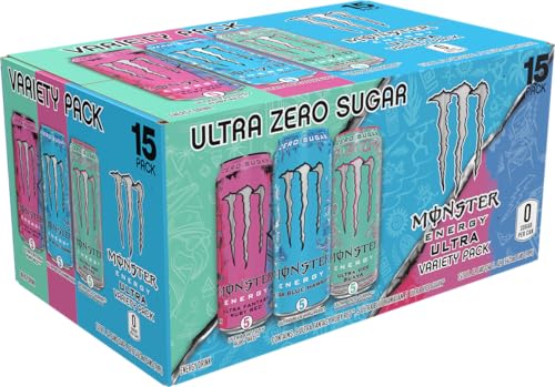 Monster Energy Ultra Variety Pack  Blue Hawaiian  Ultra Vice Guava  Ultra Fantasy Ruby Red  Sugar Free Energy Drink  16 Ounce  Pack of 15 