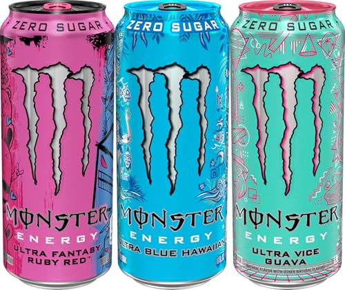 Monster Energy Ultra Variety Pack  Blue Hawaiian  Ultra Vice Guava  Ultra Fantasy Ruby Red  Sugar Free Energy Drink  16 Ounce  Pack of 15 