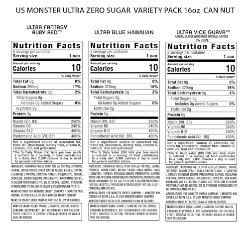 Monster Energy Ultra Variety Pack  Blue Hawaiian  Ultra Vice Guava  Ultra Fantasy Ruby Red  Sugar Free Energy Drink  16 Ounce  Pack of 15 