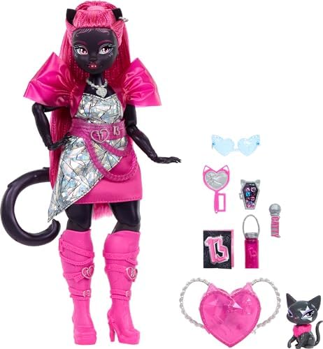 Monster High Catty Noir Doll with Pet Cat Amulette and Accessories Like Backpack  Music Book  Microphone and More