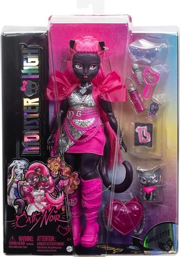 Monster High Catty Noir Doll with Pet Cat Amulette and Accessories Like Backpack  Music Book  Microphone and More