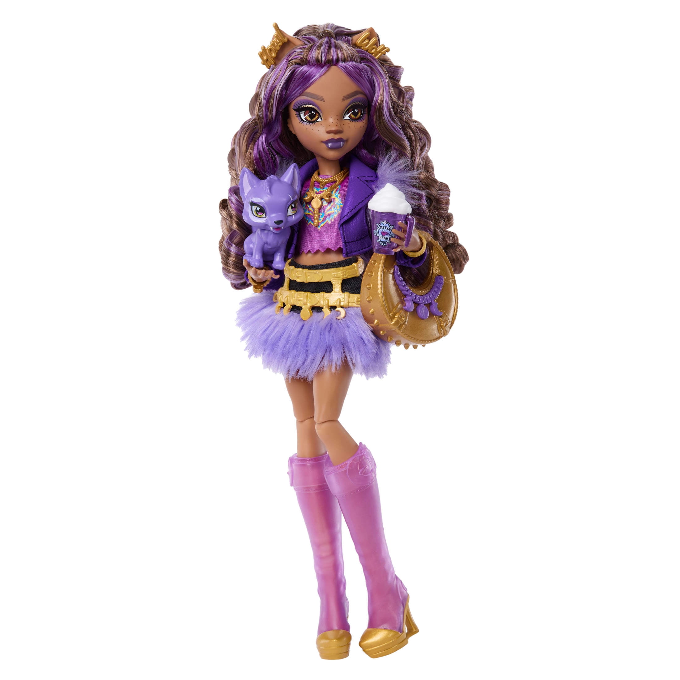 Monster High Clawdeen Wolf Fashion Doll in Furry Skirt with Pet Crescent and 7 Accessories