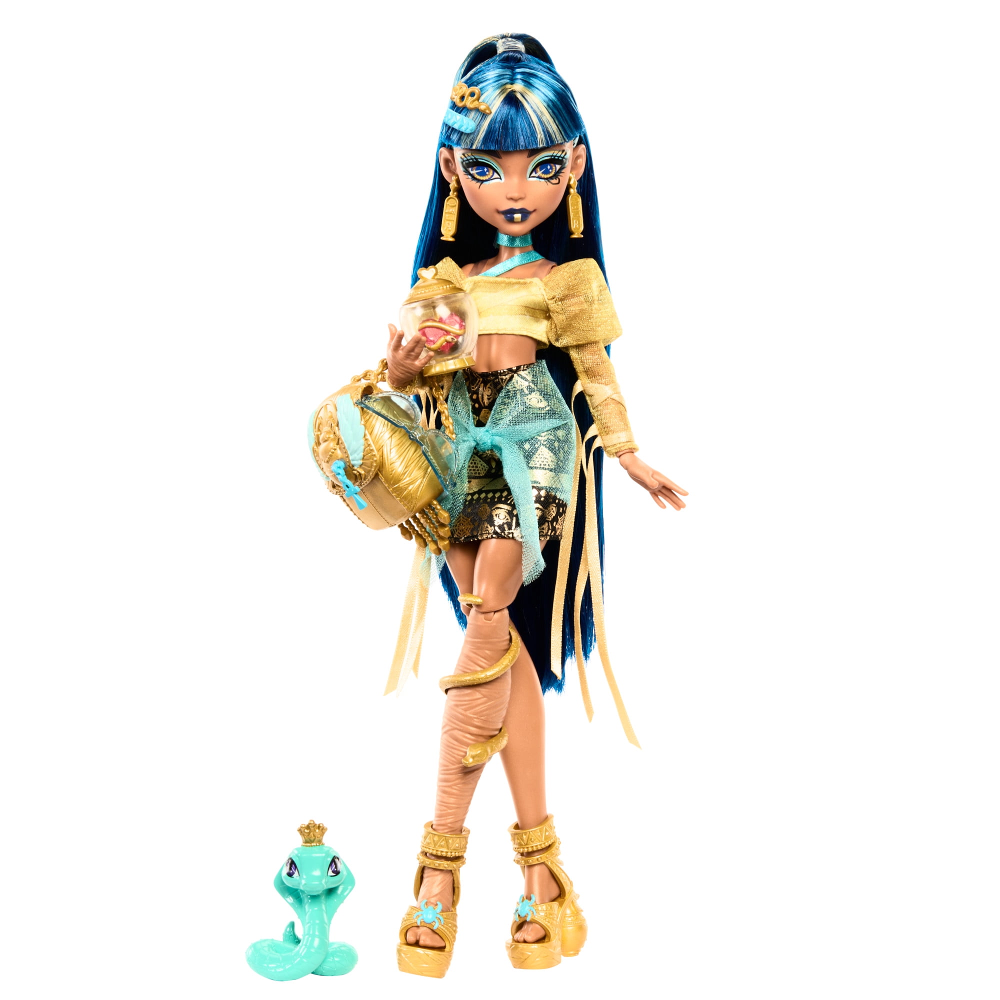 Monster High Cleo De Nile Muñeca de Moda en Camisa Dorada con Hissette de Mascota y Accesorios