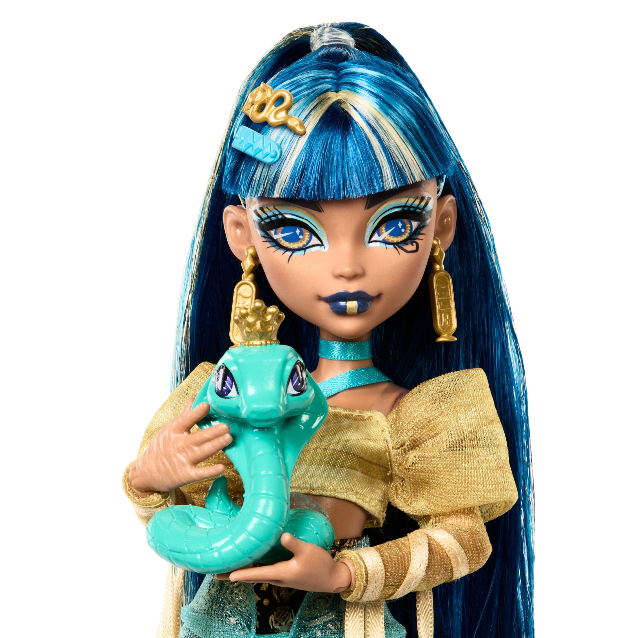 Monster High Cleo De Nile Muñeca de Moda en Camisa Dorada con Hissette de Mascota y Accesorios