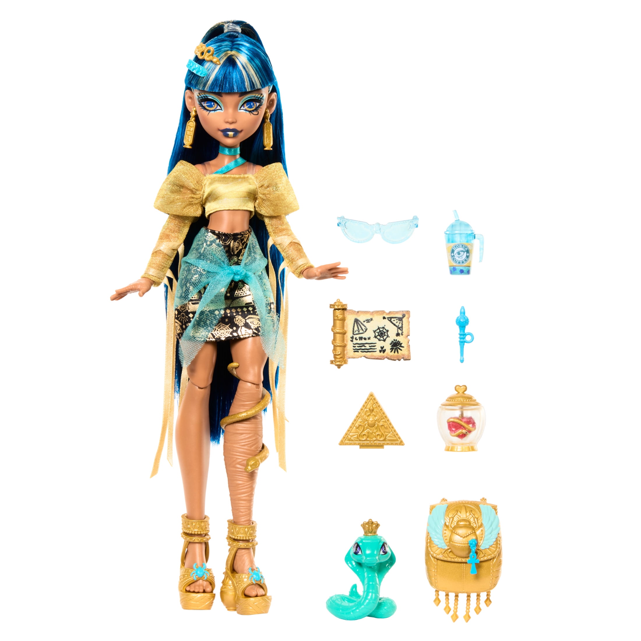 Monster High Cleo De Nile Muñeca de Moda en Camisa Dorada con Hissette de Mascota y Accesorios