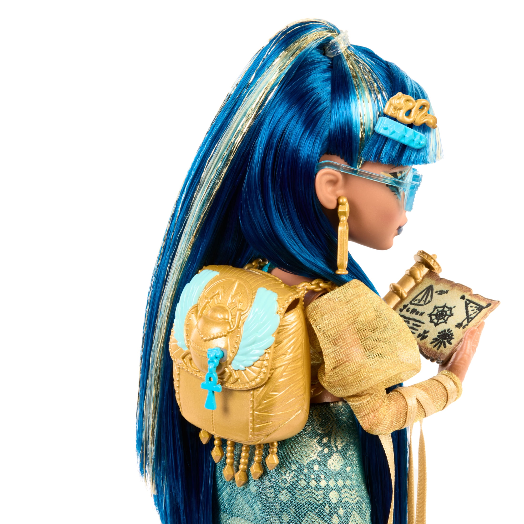Monster High Cleo De Nile Muñeca de Moda en Camisa Dorada con Hissette de Mascota y Accesorios