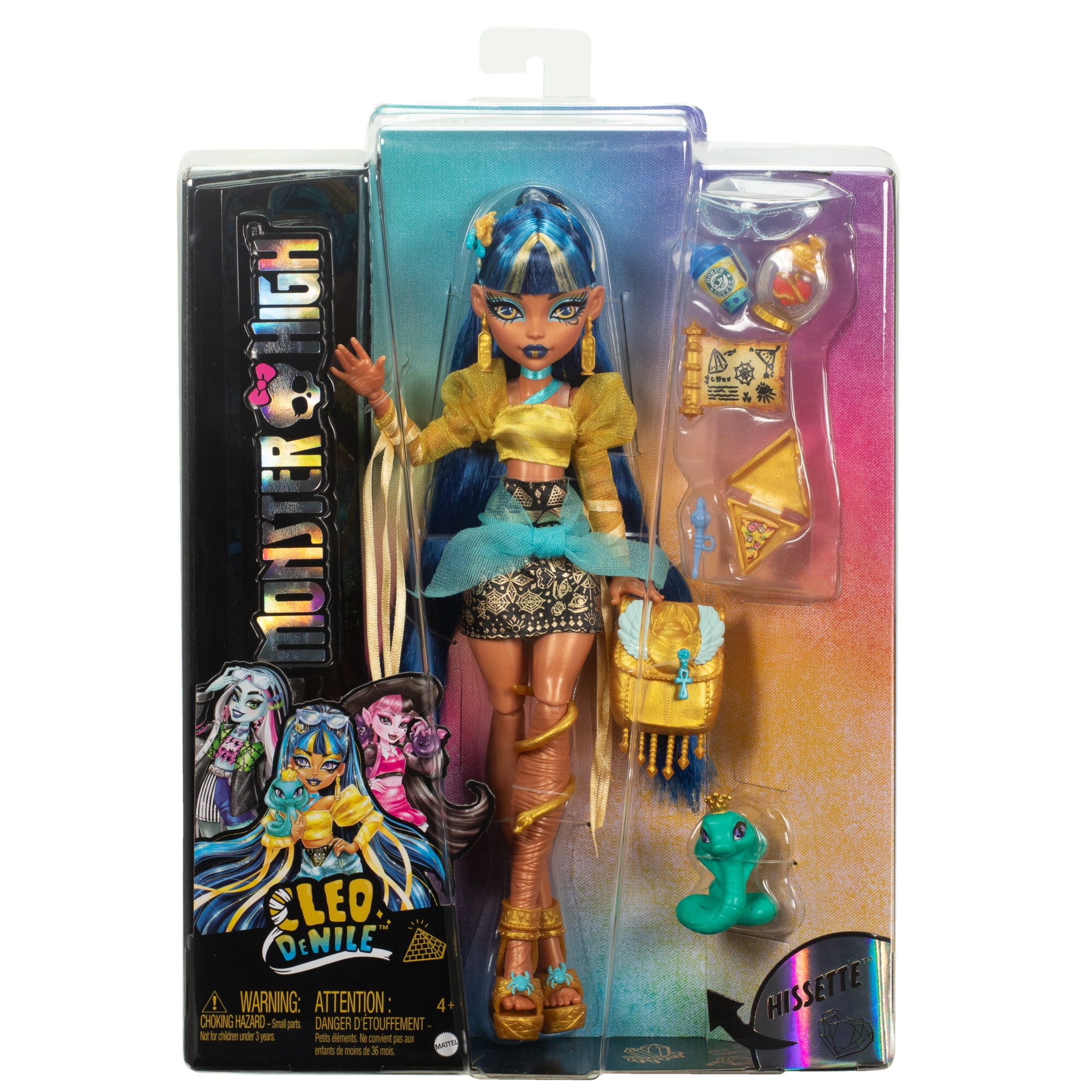 Monster High Cleo De Nile Muñeca de Moda en Camisa Dorada con Hissette de Mascota y Accesorios