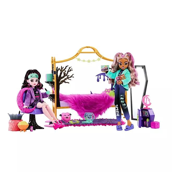 Monster High Juego de dormitorio Creepover - Con Draculaura, Lobo Clawdeen con más de 20 piezas fabulosas para la mejor experiencia creeptástica