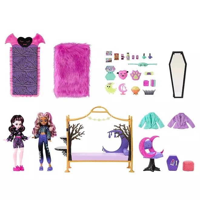 Monster High Juego de dormitorio Creepover - Con Draculaura, Lobo Clawdeen con más de 20 piezas fabulosas para la mejor experiencia creeptástica