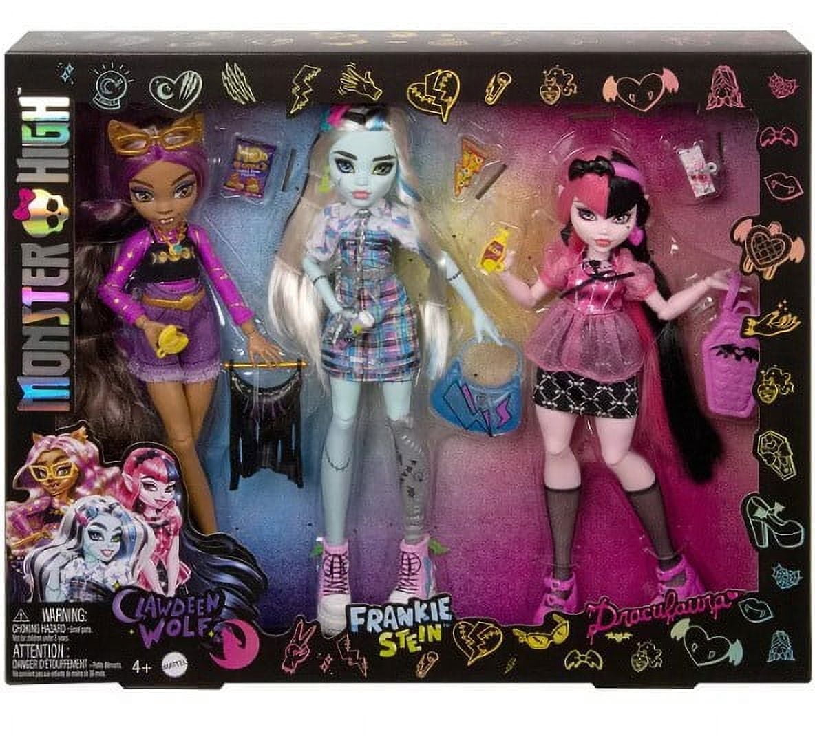 Monster High Muñecas de Moda Día de Salida Draculaura, Clawdeen Wolf, Frankie Stein, Paquete de 3