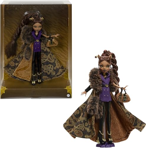 Monster High Doll  Clawdeen Wolf House of Wolf Collectible with Faux Fur Jacquard Coat  Purple Blazer Dress  Pantaboots and Golden Accessories