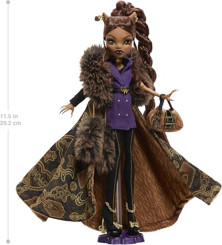 Monster High Doll  Clawdeen Wolf House of Wolf Collectible with Faux Fur Jacquard Coat  Purple Blazer Dress  Pantaboots and Golden Accessories