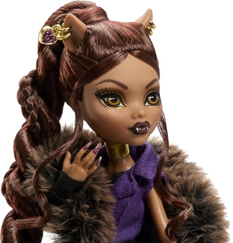 Monster High Doll  Clawdeen Wolf House of Wolf Collectible with Faux Fur Jacquard Coat  Purple Blazer Dress  Pantaboots and Golden Accessories
