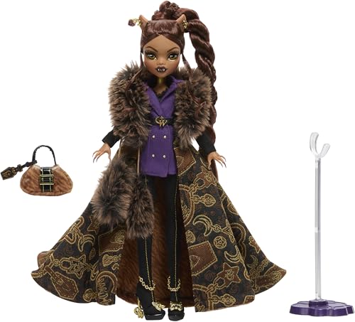 Monster High Doll  Clawdeen Wolf House of Wolf Collectible with Faux Fur Jacquard Coat  Purple Blazer Dress  Pantaboots and Golden Accessories