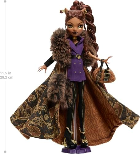 Monster High Doll  Clawdeen Wolf House of Wolf Collectible with Faux Fur Jacquard Coat  Purple Blazer Dress  Pantaboots and Golden Accessories