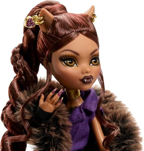 Monster High Doll  Clawdeen Wolf House of Wolf Collectible with Faux Fur Jacquard Coat  Purple Blazer Dress  Pantaboots and Golden Accessories
