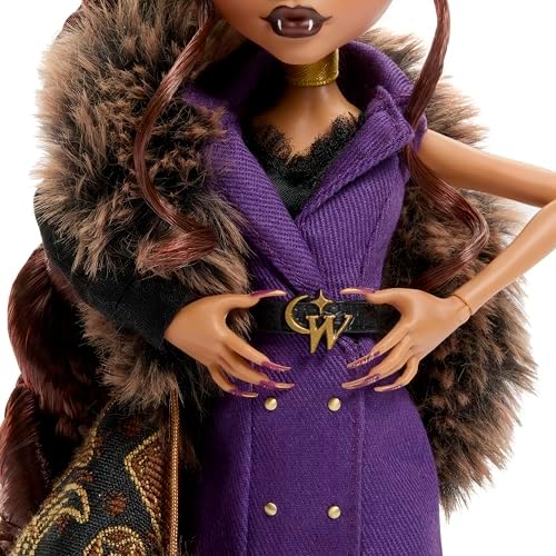 Monster High Doll  Clawdeen Wolf House of Wolf Collectible with Faux Fur Jacquard Coat  Purple Blazer Dress  Pantaboots and Golden Accessories