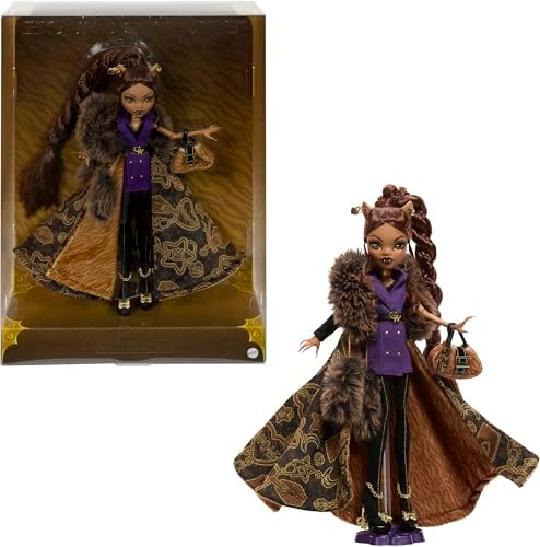 Monster High Doll  Clawdeen Wolf House of Wolf Collectible with Faux Fur Jacquard Coat  Purple Blazer Dress  Pantaboots and Golden Accessories