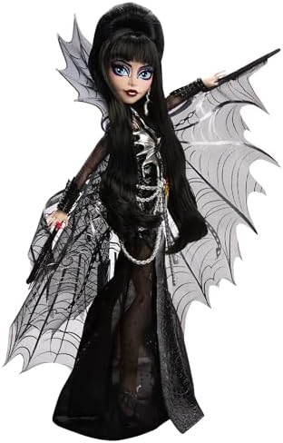Monster High Doll  Elvira  Mistress of The Dark Collectible in Black Faux Leather Dress with Silvery Batwing Cape and Premium Accessories  Amazon Exclusive 