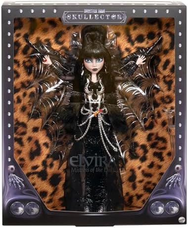 Monster High Doll  Elvira  Mistress of The Dark Collectible in Black Faux Leather Dress with Silvery Batwing Cape and Premium Accessories  Amazon Exclusive 