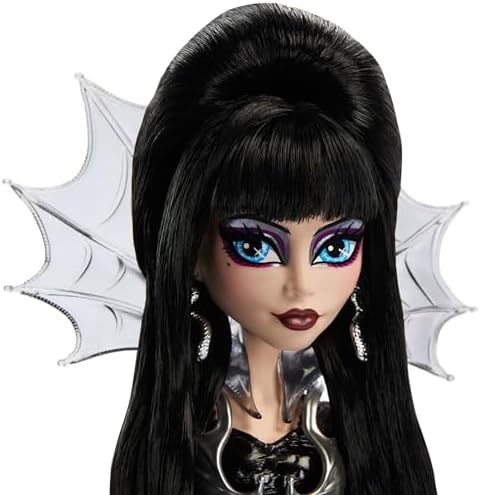 Monster High Doll  Elvira  Mistress of The Dark Collectible in Black Faux Leather Dress with Silvery Batwing Cape and Premium Accessories