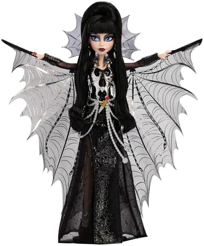 Monster High Doll  Elvira  Mistress of the Dark Collectible in Black Faux Leather Dress with Silvery Batwing Cape and Premium Accessories