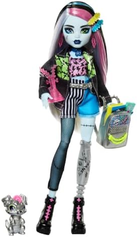 Monster High Frankie Stein Doll in Denim Jacket and Shorts  Includes Pet Dog Watzie and Accessories Like a Backpack  Snack and Notebook