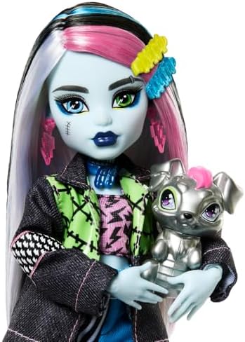 Monster High Frankie Stein Doll in Denim Jacket and Shorts  Includes Pet Dog Watzie and Accessories Like a Backpack  Snack and Notebook