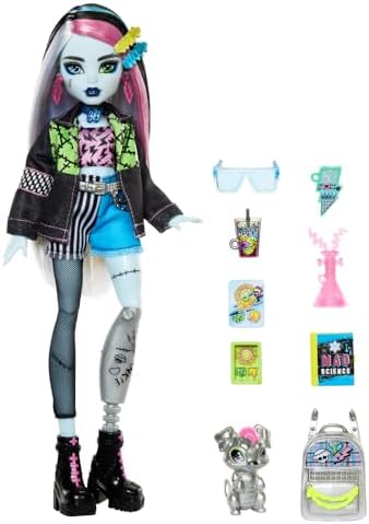 Monster High Frankie Stein Doll in Denim Jacket and Shorts  Includes Pet Dog Watzie and Accessories Like a Backpack  Snack and Notebook
