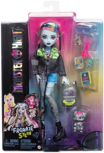 Monster High Frankie Stein Doll in Denim Jacket and Shorts  Includes Pet Dog Watzie and Accessories Like a Backpack  Snack and Notebook