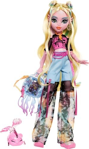 Monster High Frankie Stein Doll in Denim Jacket and Shorts  Includes Pet Dog Watzie and Accessories Like a Backpack  Snack and Notebook