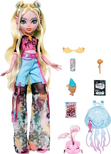 Monster High Frankie Stein Doll in Denim Jacket and Shorts  Includes Pet Dog Watzie and Accessories Like a Backpack  Snack and Notebook