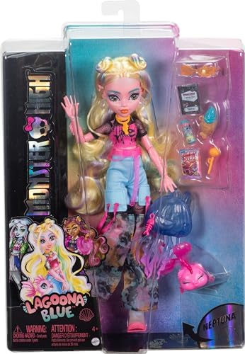 Monster High Frankie Stein Doll in Denim Jacket and Shorts  Includes Pet Dog Watzie and Accessories Like a Backpack  Snack and Notebook