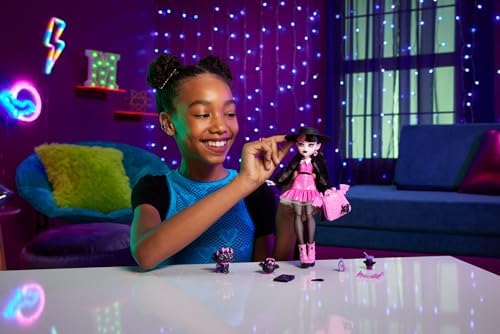 Monster High Frankie Stein Doll in Denim Jacket and Shorts  Includes Pet Dog Watzie and Accessories Like a Backpack  Snack and Notebook