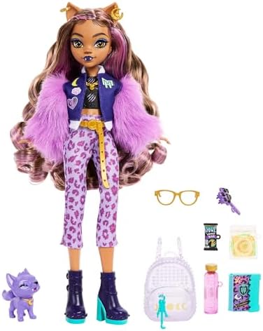Monster High Frankie Stein Doll in Denim Jacket and Shorts  Includes Pet Dog Watzie and Accessories Like a Backpack  Snack and Notebook