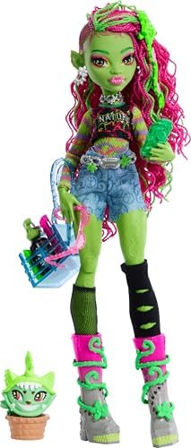 Monster High Frankie Stein Doll in Denim Jacket and Shorts  Includes Pet Dog Watzie and Accessories Like a Backpack  Snack and Notebook