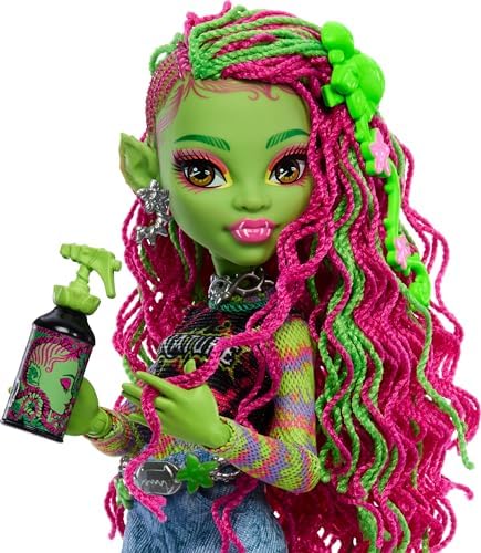 Monster High Frankie Stein Doll in Denim Jacket and Shorts  Includes Pet Dog Watzie and Accessories Like a Backpack  Snack and Notebook