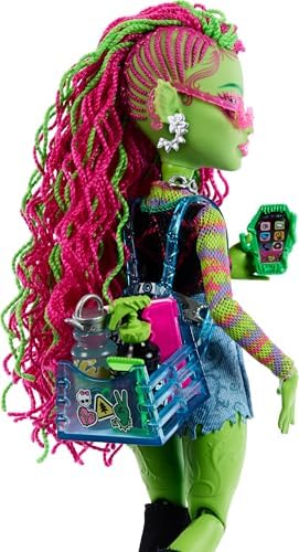 Monster High Frankie Stein Doll in Denim Jacket and Shorts  Includes Pet Dog Watzie and Accessories Like a Backpack  Snack and Notebook