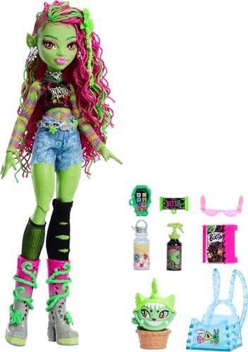Monster High Frankie Stein Doll in Denim Jacket and Shorts  Includes Pet Dog Watzie and Accessories Like a Backpack  Snack and Notebook