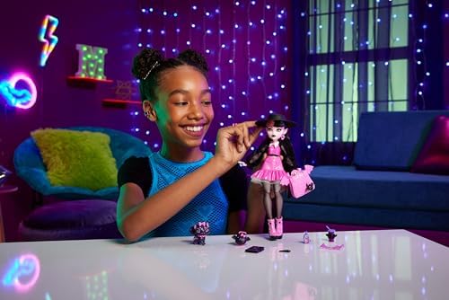 Monster High Frankie Stein Doll in Denim Jacket and Shorts  Includes Pet Dog Watzie and Accessories Like a Backpack  Snack and Notebook