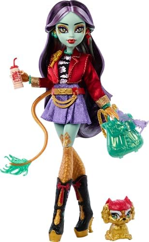 Monster High Jinafire Muñeca larga, dragón con perro de mascota nublado "Yun Yun" y 7 accesorios como bloc de bocetos, bebida de yogur, mochila y más