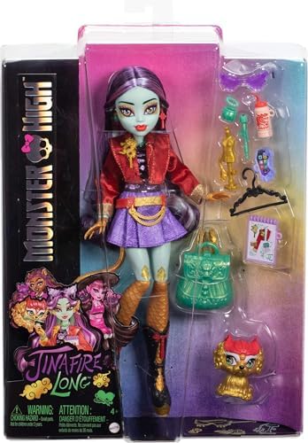 Monster High Jinafire Muñeca larga, dragón con perro de mascota nublado "Yun Yun" y 7 accesorios como bloc de bocetos, bebida de yogur, mochila y más