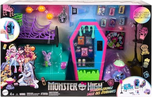 Monster High - Set de juego, salón de estudiantes con muebles para casa de muñecas, 2 mascotas y accesorios temáticos, máquina expendedora funcional