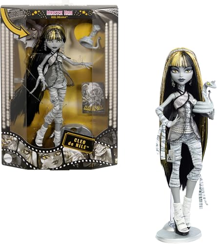 Monster High Reel Drama Doll  Cleo De Nile Black and White Reproduction Collectible with Doll Size and Life Size Posters  Horror Flick Theme  and Pet