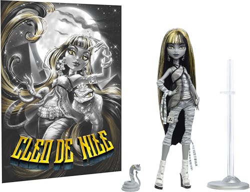 Monster High Reel Drama Doll  Cleo De Nile Black and White Reproduction Collectible with Doll Size and Life Size Posters  Horror Flick Theme  and Pet