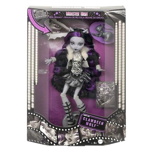 Monster High Reel Drama Doll  Clawdeen Wolf in Black and White  Collectible Reproduction with Doll Size and Life Size Posters  Horror Flick Theme