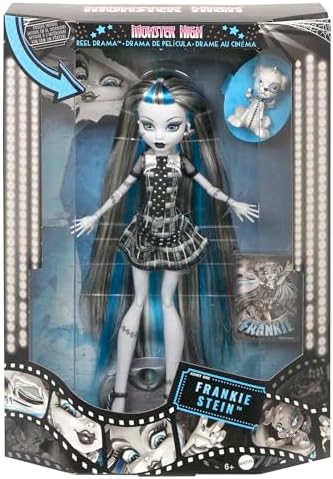Monster High Reel Drama Doll  Frankie Stein in Black and White  Collectible Reproduction with Doll Size and Life Size Posters  Horror Flick Theme